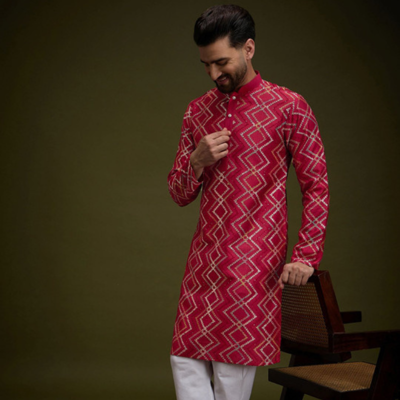 Anouk Red Chevron Embroidered Gotta Patti Mandarin Collar Pure Cotton Straight Kurta