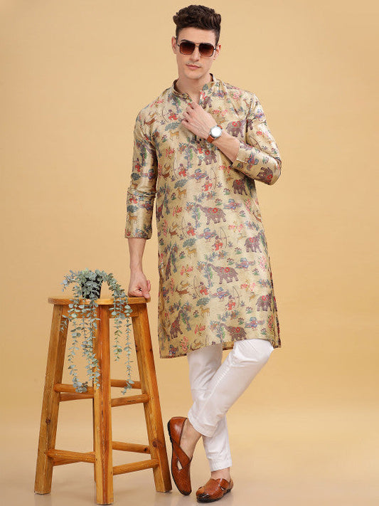 Anouk Cream-Coloured Animal Floral Printed Mandarin Collar Straight Kurta
