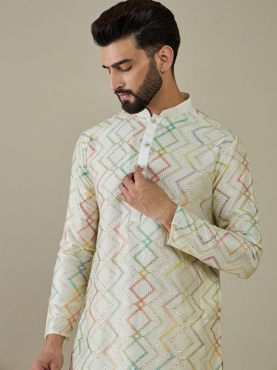 Anouk Geometric Embroidered Mandarin Collar Sequins Straight Kurta