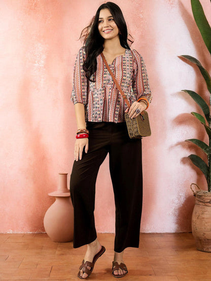 Sangria Printed Puffed Sleeves Peplum Top