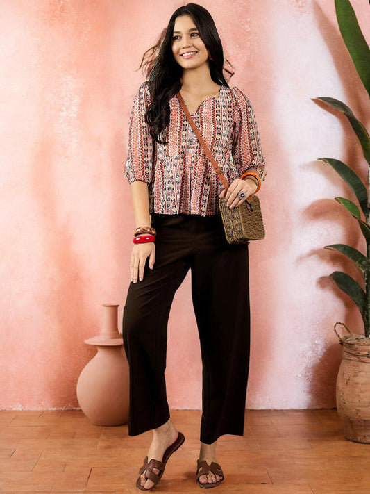 Sangria Printed Puffed Sleeves Peplum Top