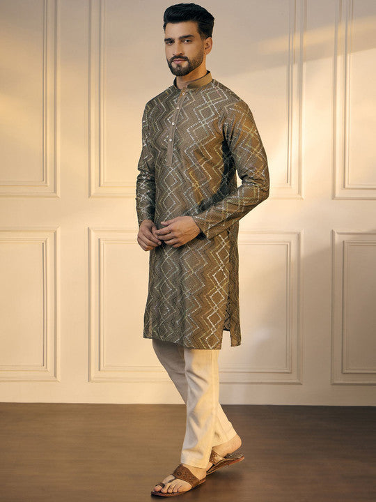 Anouk Grey Chevron Embroidered Gotta Patti Mandarin Collar Pure Cotton Straight Kurta