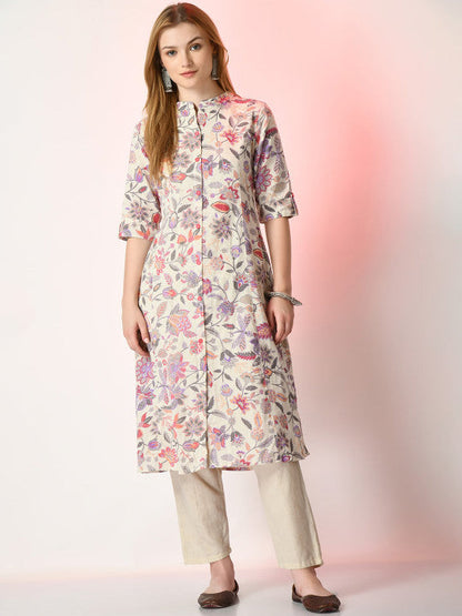 Sangria Off White Floral Printed Mandarin Collar Cotton A-Line Kurta