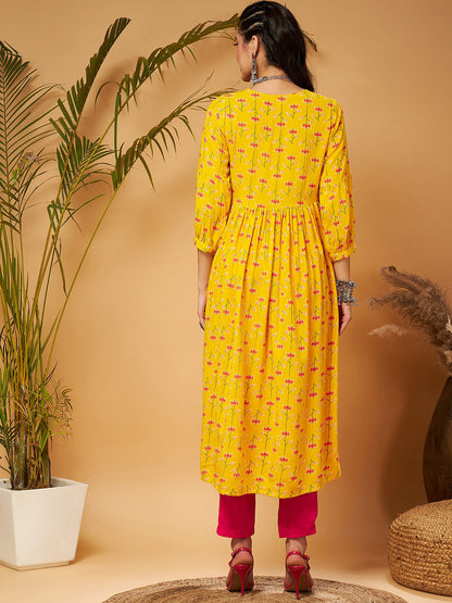Shae by Sassafras Yellow Ethnic Motifs Printed Tie-Up Neck A-Line Kurta