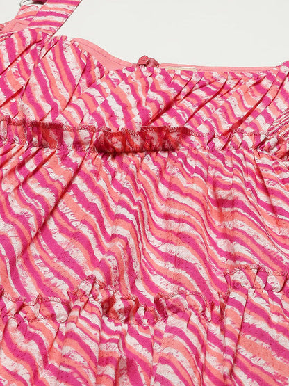 Anayna Pink & White Leheriya Printed Ruffle Pure Cotton Tiered A-Line Midi Dress