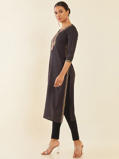 Soch Charcoal Floral Embroidered Straight Kurta
