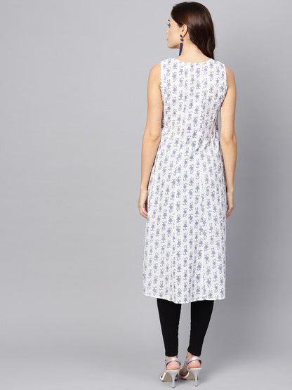Anayna Women White & Blue Printed A-Line Kurta