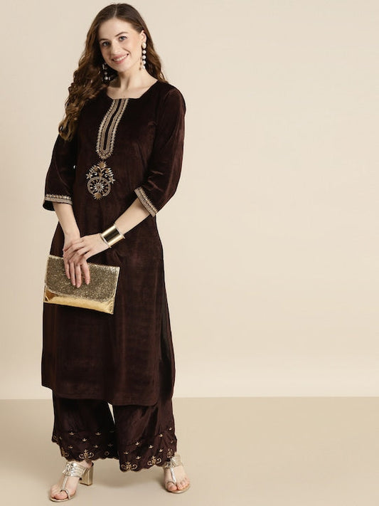 Shae by Sassafras Women Brown & Gold-Toned Ethnic Motifs Embroidered Velvet Kurta