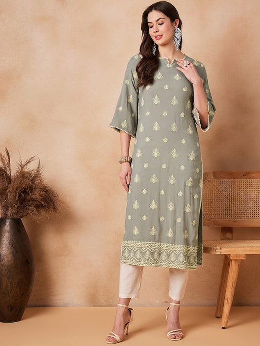 House of Pataudi Ethnic Motifs Embroidered Pure-Cotton Straight Kurta
