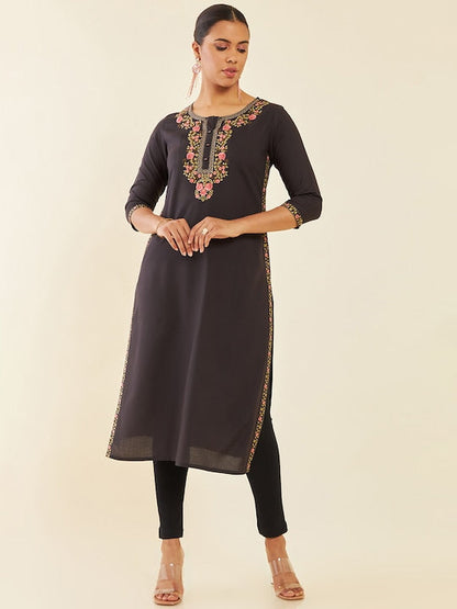 Soch Charcoal Floral Embroidered Straight Kurta