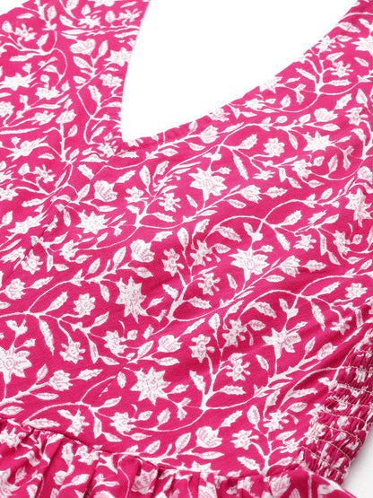 Anayna Floral Print Halter Neck Fit & Flare Pure Cotton Midi Dress