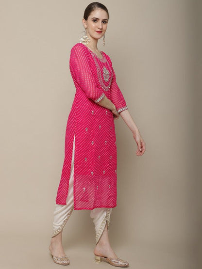 Sangria Women Pink Floral Embroidered Georgette Straight Kurta