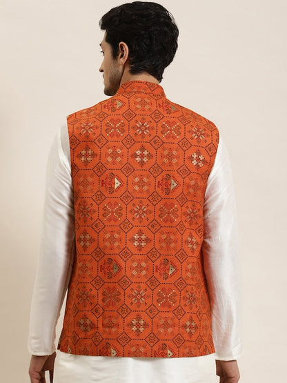 Sojanya Men Orange Ethnic Motifs Printed Nehru Jacket