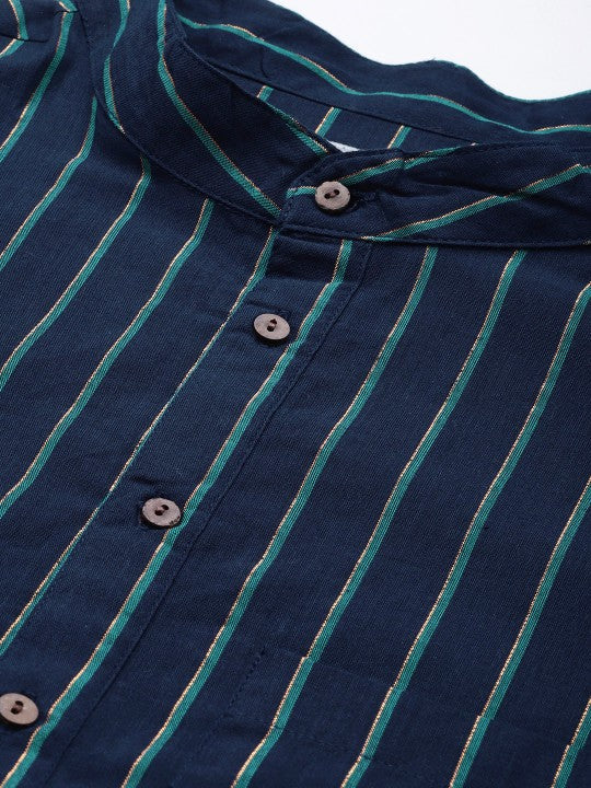 Anouk Men Navy Blue Striped Cotton Kurta