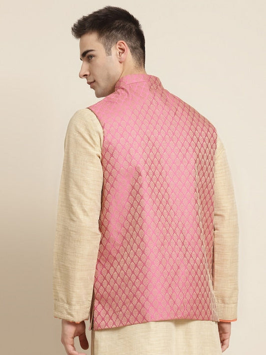 Sojanya Men Pink and Beige Woven Design Jacquard Silk Nehru Jacket
