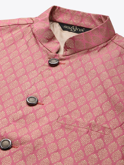 Sojanya Men Pink and Beige Woven Design Jacquard Silk Nehru Jacket