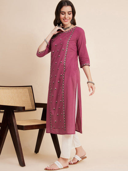 Sangria Floral Embroidered Cotton Straight Kurtas