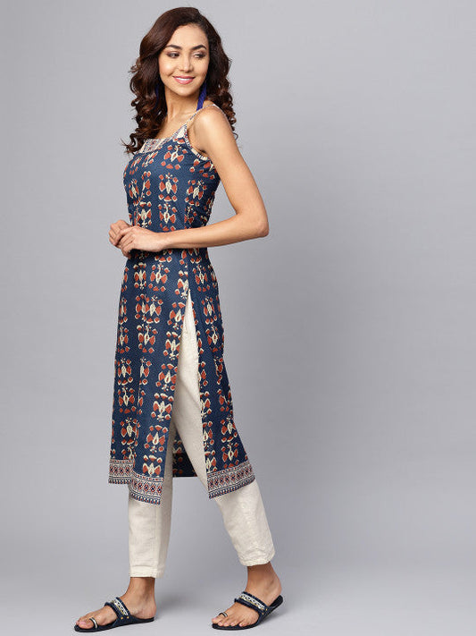 Anayna Women Navy Blue & Rust Orange Printed Straight Kurta