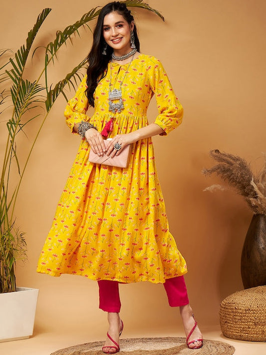 Shae by Sassafras Yellow Ethnic Motifs Printed Tie-Up Neck A-Line Kurta
