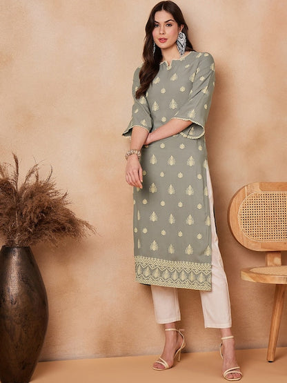 House of Pataudi Ethnic Motifs Embroidered Pure-Cotton Straight Kurta