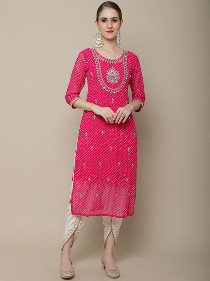 Sangria Women Pink Floral Embroidered Georgette Straight Kurta