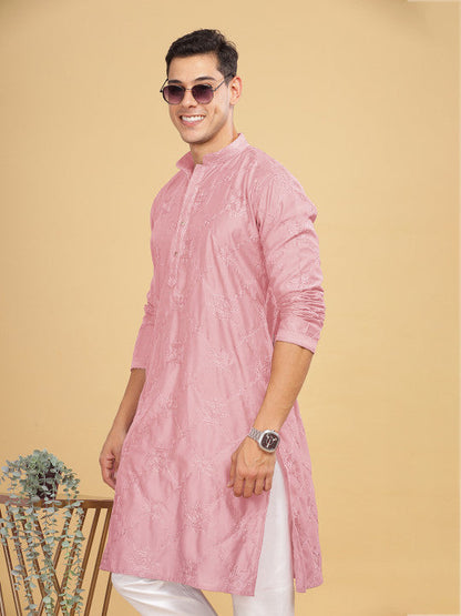 Anouk Pink Ethnic Motif Embroidered Band Collar Cotton Straight Kurta