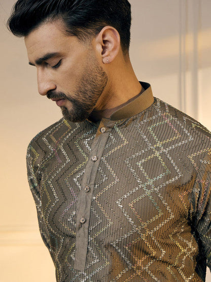 Anouk Grey Chevron Embroidered Gotta Patti Mandarin Collar Pure Cotton Straight Kurta