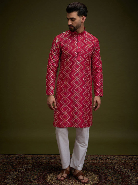 Anouk Red Chevron Embroidered Gotta Patti Mandarin Collar Pure Cotton Straight Kurta