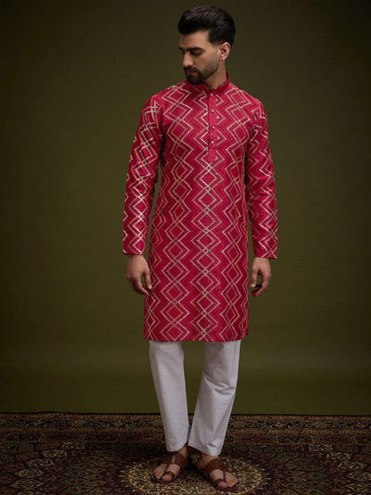 Anouk Red Chevron Embroidered Gotta Patti Mandarin Collar Pure Cotton Straight Kurta