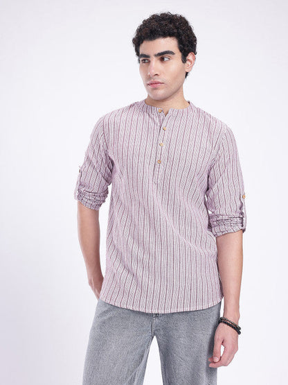Anouk Rustic Band Collar Woven Design Striped Roll-Up Sleeves Kurta