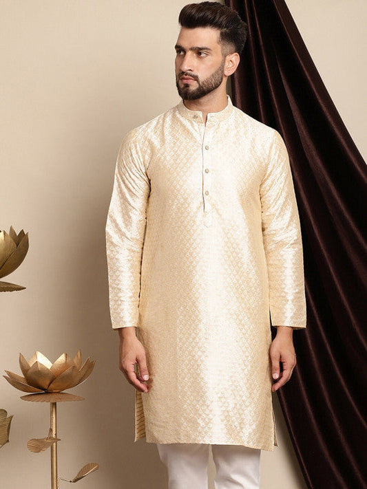Anouk Ethnic Motifs Woven Design Band Collar Silk Cotton Regular Kurta