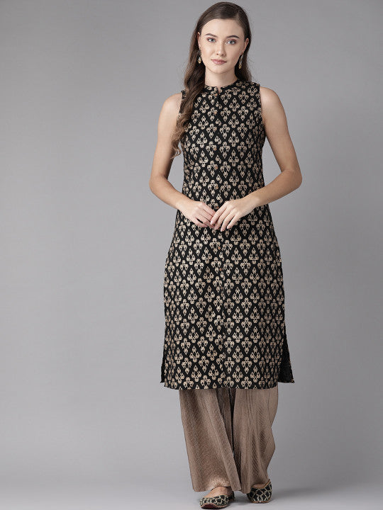 Anayna Women Black & Golden Printed Straight Kurta