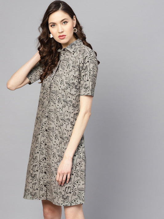 Anayna Women Grey & Black Printed Shirt Dress