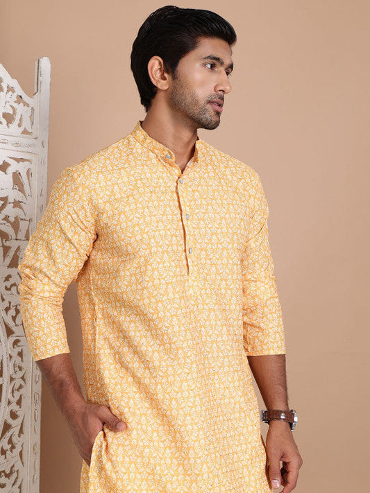 Anouk Men Floral Printed Sequinned Floral Kurta Yellow