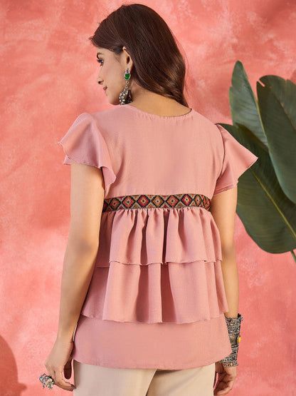 Sangria Ruffle V-Neck Flutter Sleeve Top