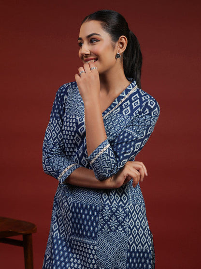 Anayna Geometric Printed V-Neck Pure Cotton Straight Kurta