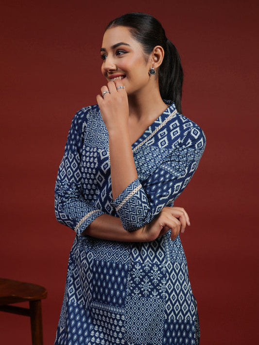 Anayna Geometric Printed V-Neck Pure Cotton Straight Kurta