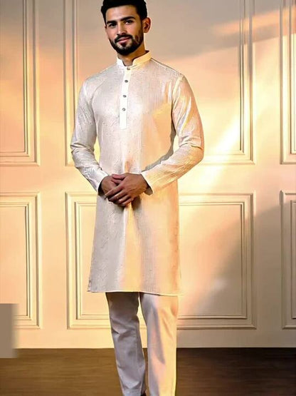 Anouk White Striped Embroidered Sequinned Mandarin Collar Straight Kurta