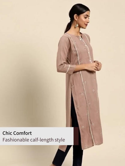 Sangria Women Brown & White Ethnic Motifs Embroidered Panelled Kurta