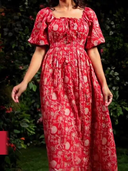 Anayna Floral Printed Cotton Tie-Ups Detail Maxi Ethnic Dress