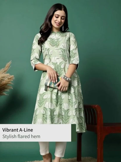 Sangria Floral Printed Pure Cotton Mandarin Collar Thread Work A-Line Kurta