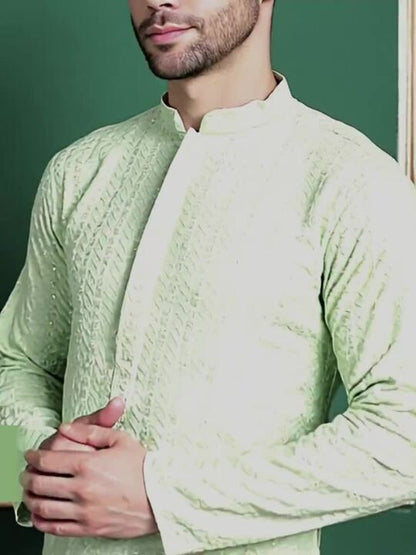 Anouk Checked Mandarin Collar Long Sleeves Thread Work Kurta
