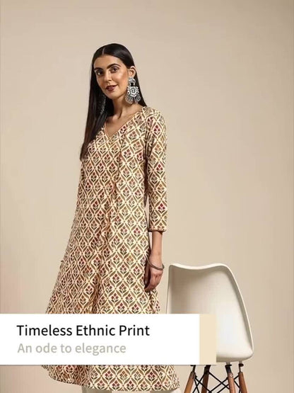 Anayna Women White & Beige Pure Cotton Ethnic Motifs Printed Angrakha Kurta