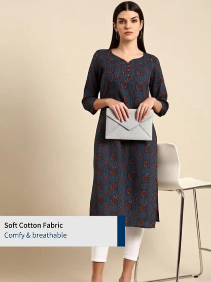 Anayna Women Navy Blue & Red Floral Printed Dobby Cotton Kurta