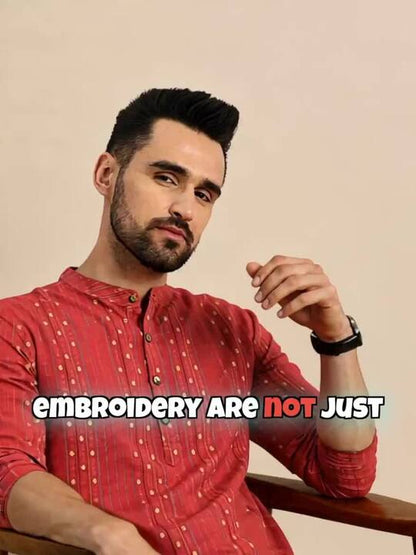 Anouk Men Coral Red Embroidered Mandarin Collar Short Kurta