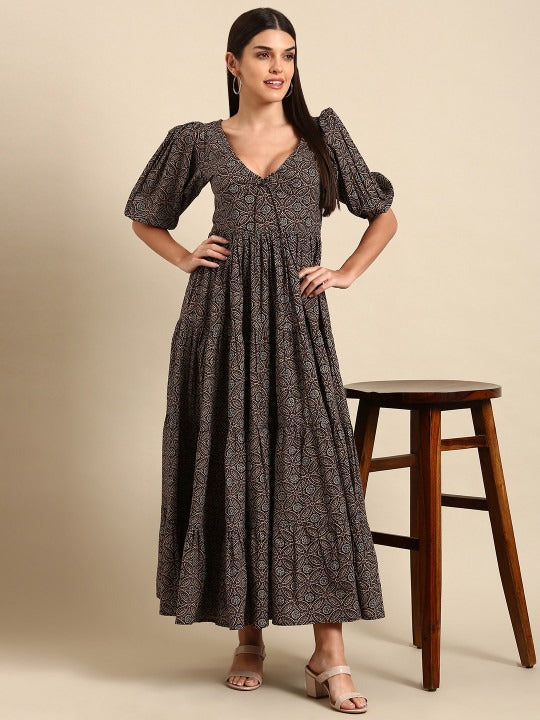 Anayna Black & Brown Floral Tie-Up Neck Ethnic Cotton Maxi Ethnic Dress