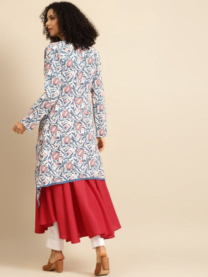 Anayna Women Blue & Red Solid Anarkali Kurta with Floral Screen Print Longline Jacket