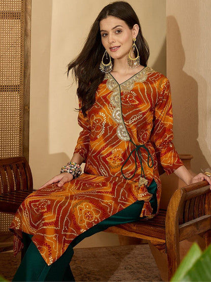 Sangria Women Bandhani Printed With Embroidered Angrakha Knot Straight Kurta