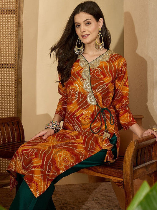 Sangria Women Bandhani Printed With Embroidered Angrakha Knot Straight Kurta