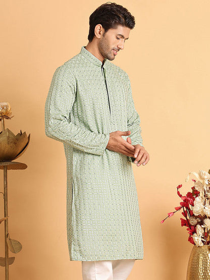 Anouk Men Geometric Embroidered Chikankari Kurta Green